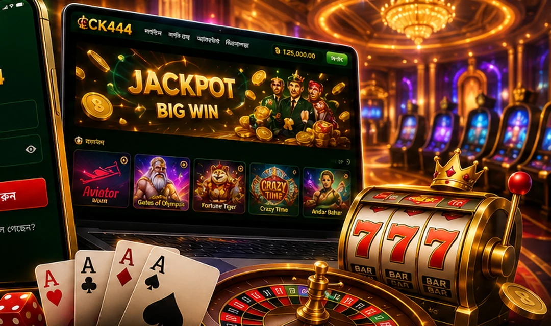 Bright CK444 casino scene with laptop, phone, roulette, slot machine, cards and chips