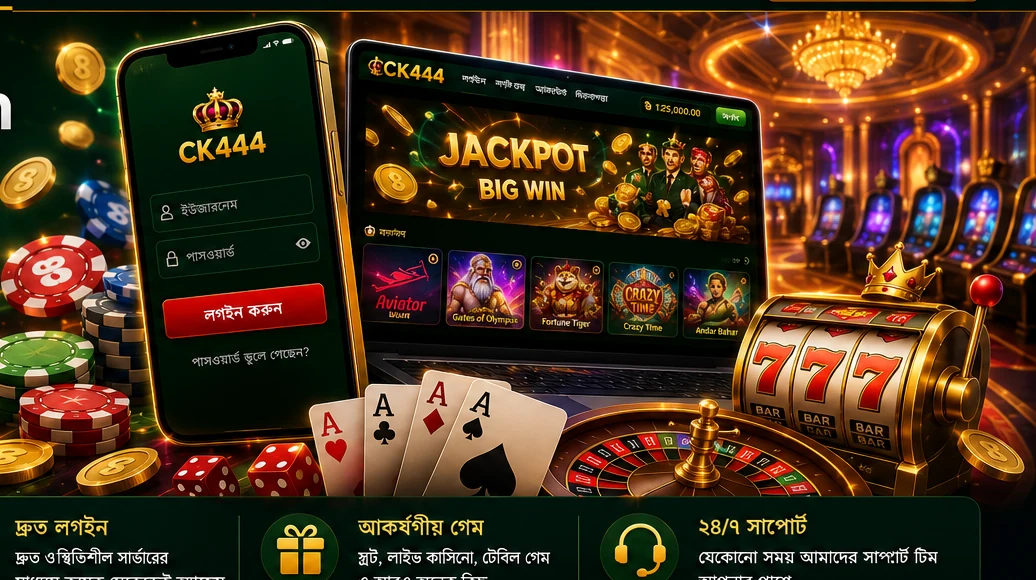CK444 casino login visual with smartphone, roulette, slot reels, cards, chips and coins