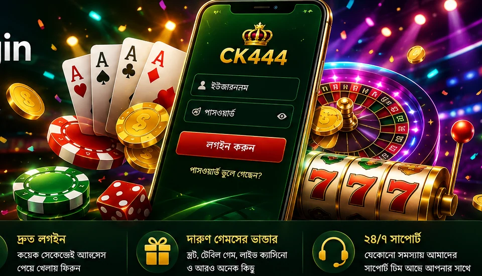 CK444 mobile casino access with smartphone, roulette, slot reels, cards, chips and coins